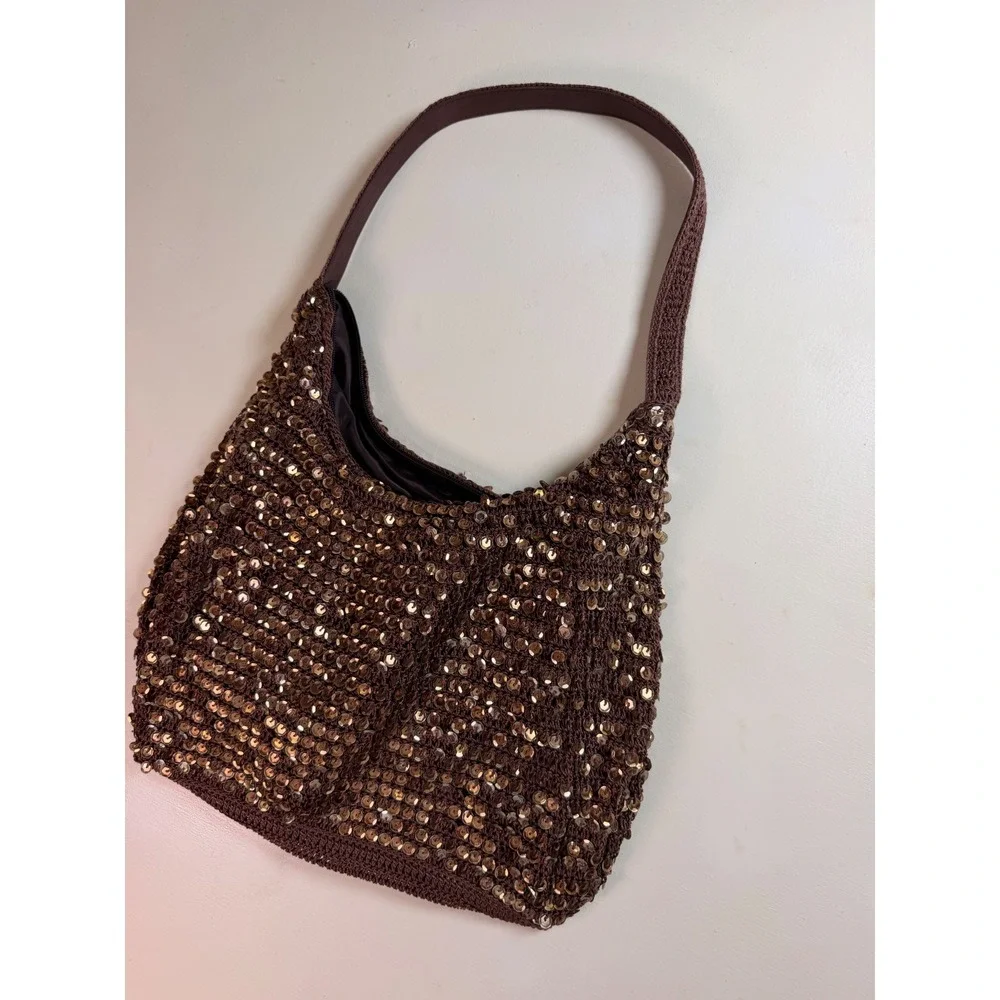 Y2K Sequin Crochet Hobo Bag Women Small Brown Sparkly Knit Zipper
